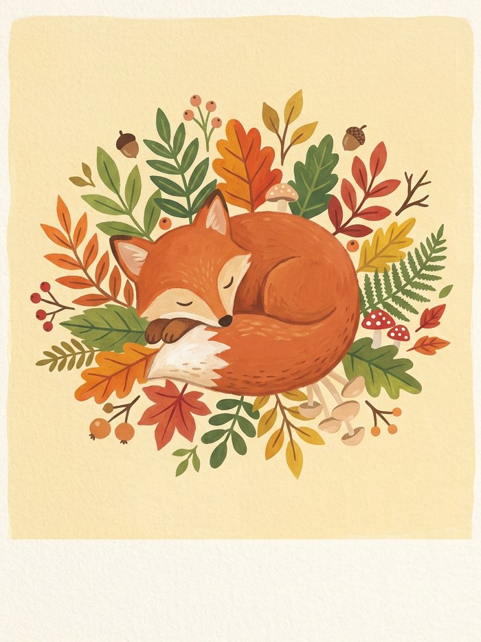 A sleeping fox curled among autumn leaves