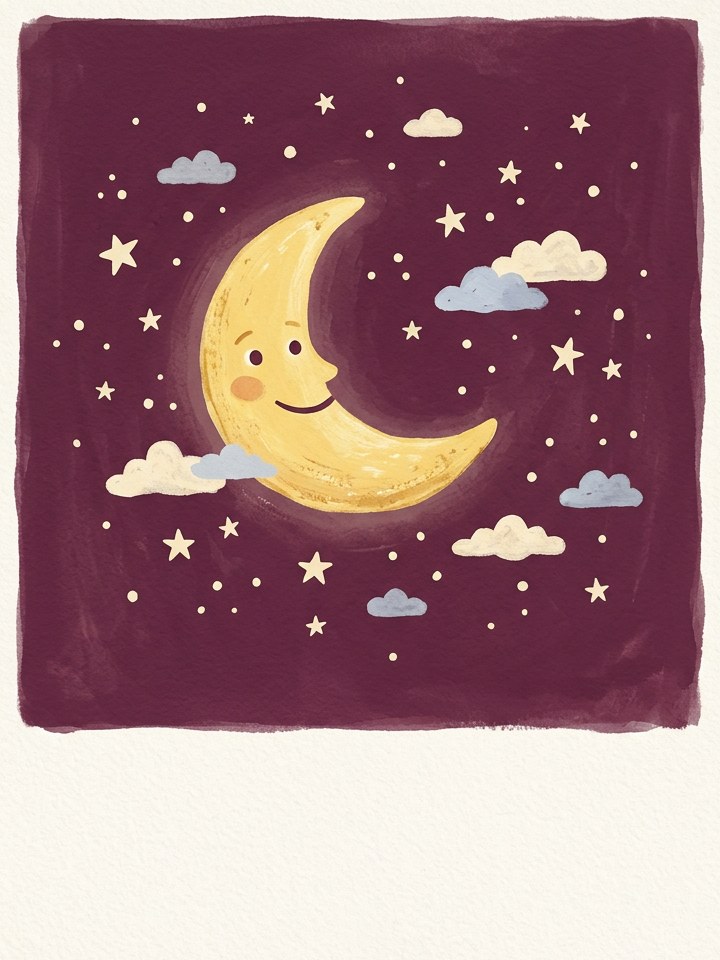 Sleepy crescent moon with stars and clouds on a plum night sky