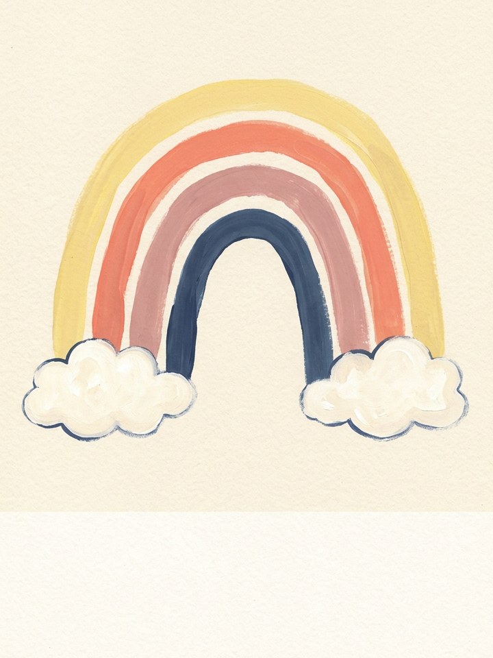 A painted rainbow resting on two clouds